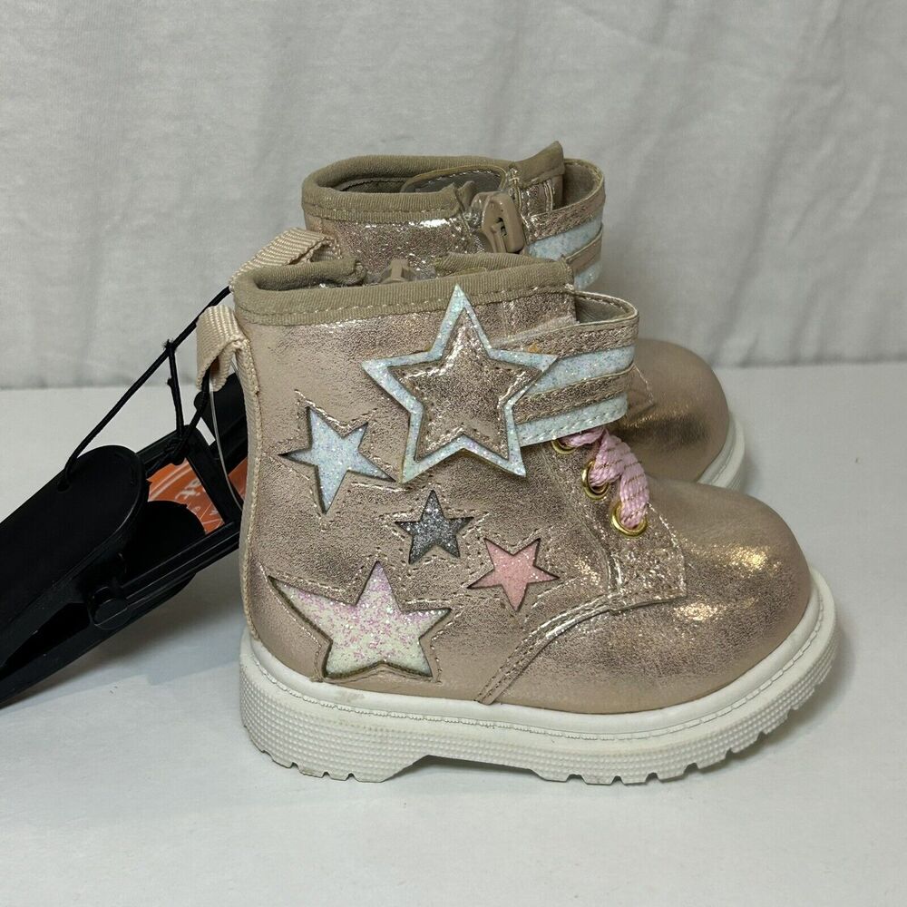 Wonder Nation Baby Girl Star Combat Boots Pink Sparkle Toddler Size 2 NWT‎